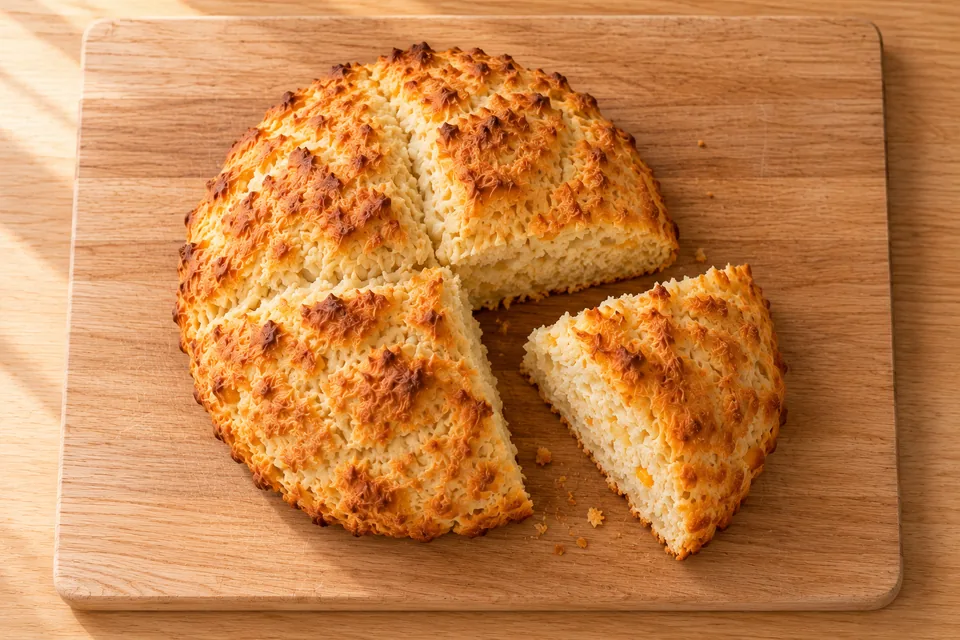 A round golden soda loaf with one quarter separated beside its matching gap, viewed from above on a wooden board.