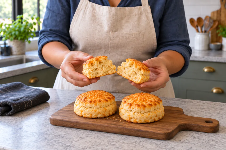 The cook holds the two halves of a cheese scone above two whole scones on a small wooden board.