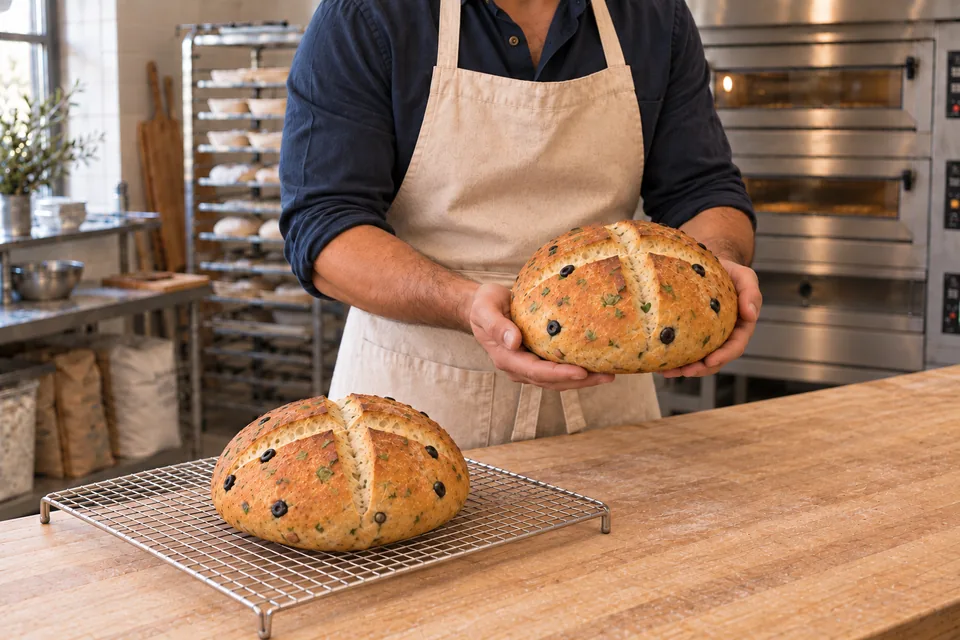 The cook holds one small round olive bread in both hands while the second whole loaf rests on a silver rack.