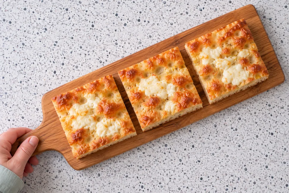 Three square focaccia portions with light melted mozzarella patches arranged in a row on a narrow wooden board.
