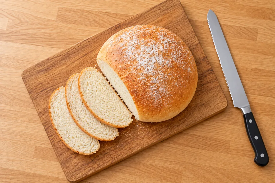 An overhead view of one golden round loaf shortened by three thin slices, with a bread knife beside the board.
