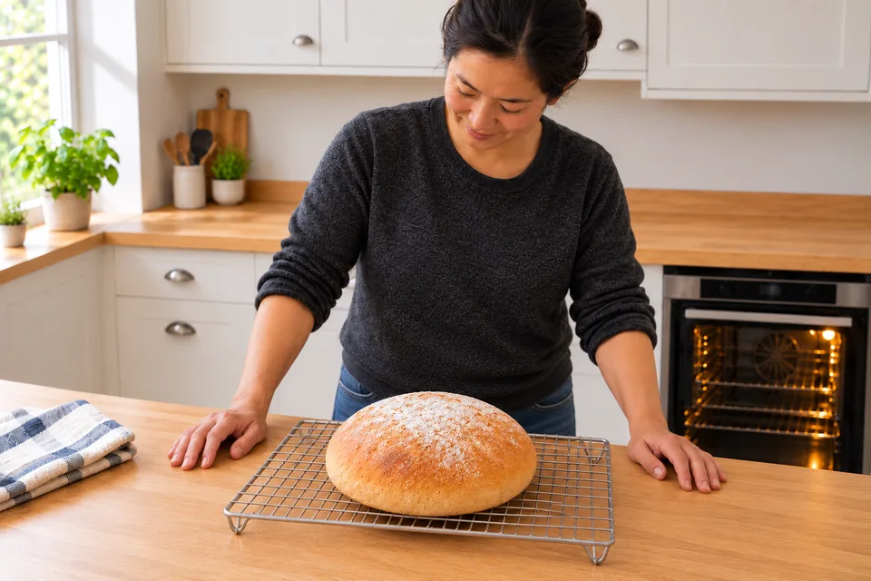 A baker stands beside one modest golden round loaf on a cooling rack with clear space around it.