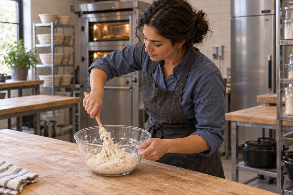 A baker stirs a modest amount of sticky white dough in a clear round bowl with a wooden spoon.