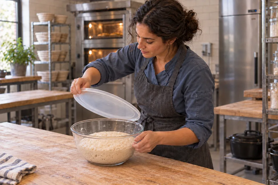 A baker lifts the lid from a round bowl of bubbly risen dough, with clear headroom above the dough.