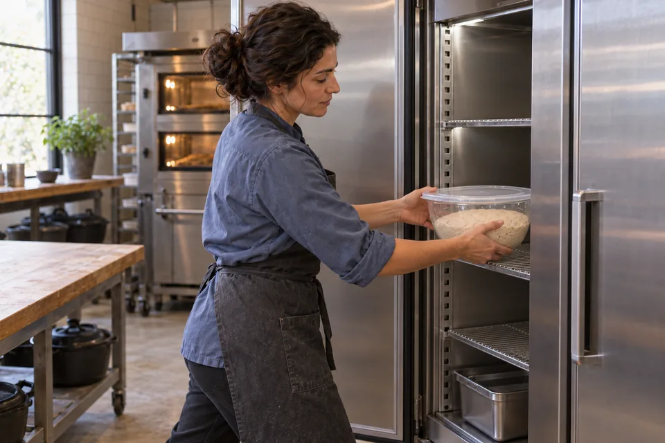 A baker places a sealed round glass bowl of risen dough on a refrigerator shelf.