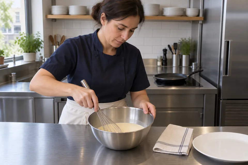 A cook in a navy jacket whisking smooth pale crêpe batter in a stainless bowl.
