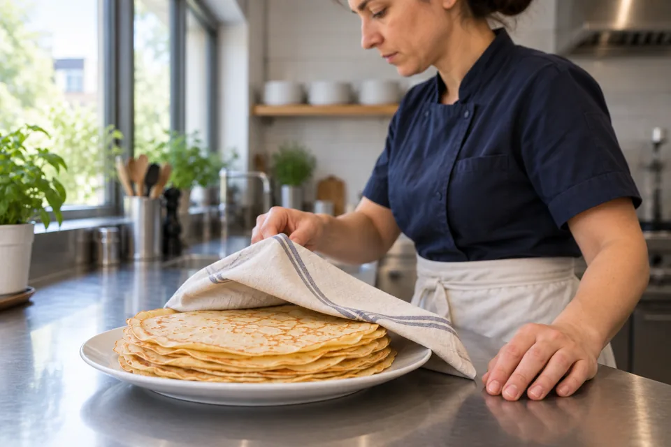 From counter level, the cook loosely covers a stack of thin crêpes with the striped ivory towel.