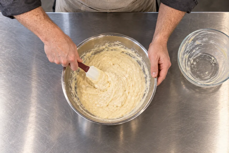 Overhead view of a chef folding thick pancake batter.