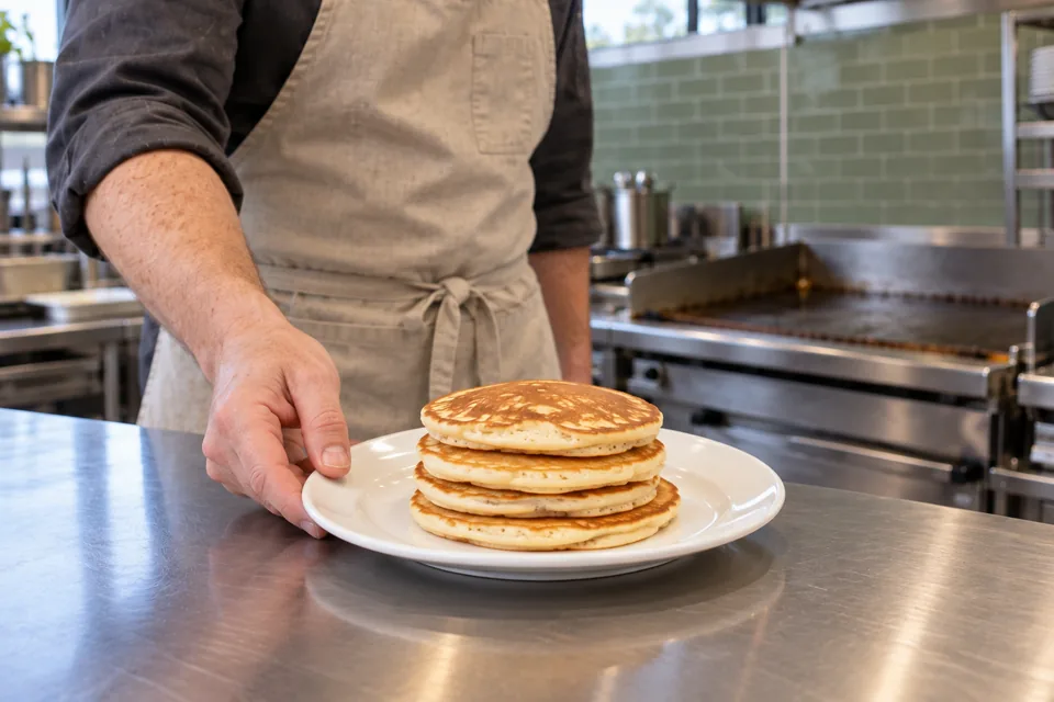 Four golden buttermilk pancakes served on a white plate.