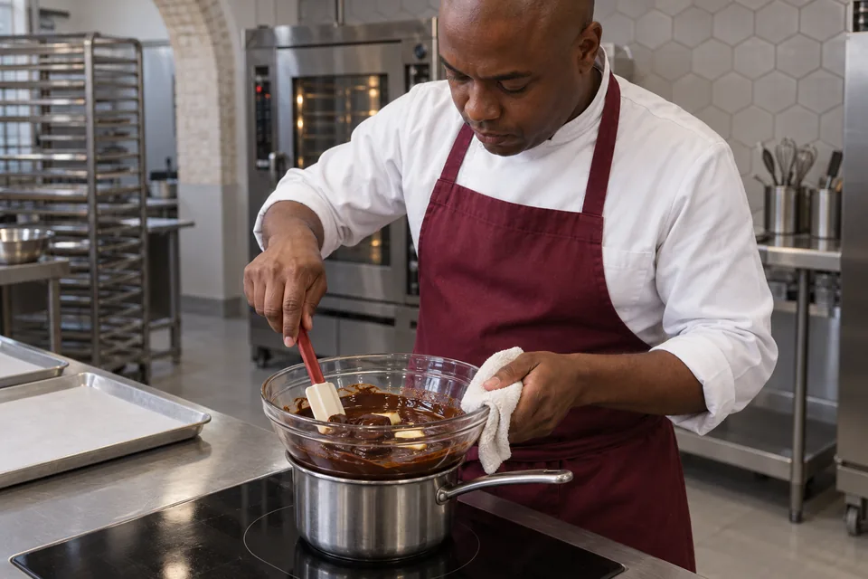 Chef stirring chocolate and butter over barely simmering water.