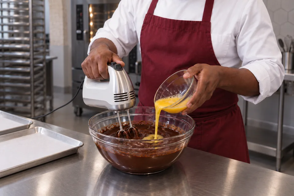 Chef beating eggs into melted chocolate.