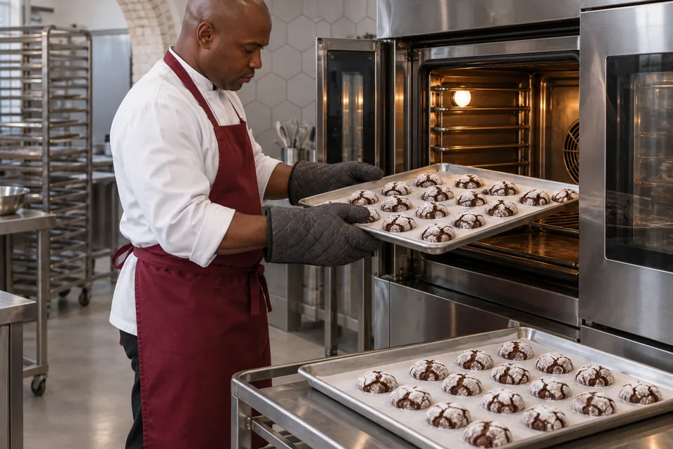 Chef wearing oven mitts removing a tray of baked crinkle cookies.