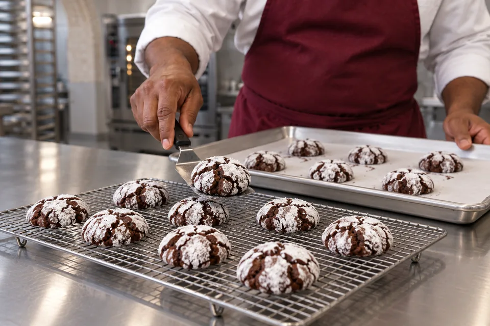 Chocolate crinkle cookies cooling on a wire rack.