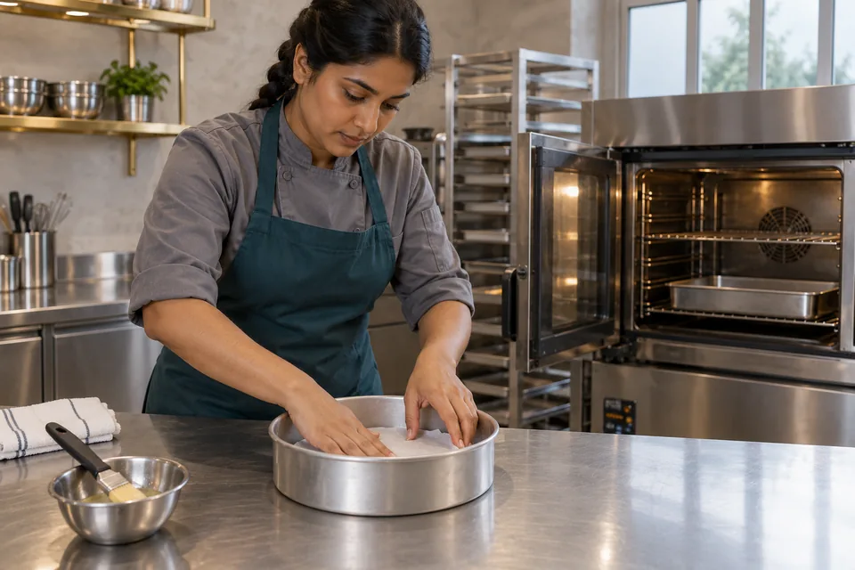 Pastry chef lining a round cake tin with parchment.