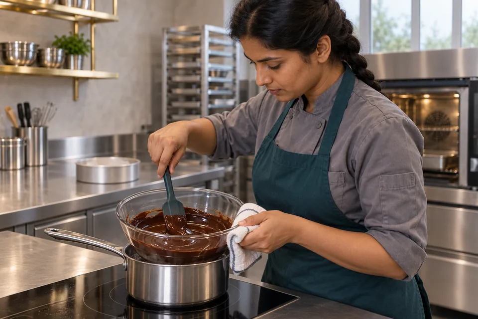 Chef melting chocolate and butter over simmering water.