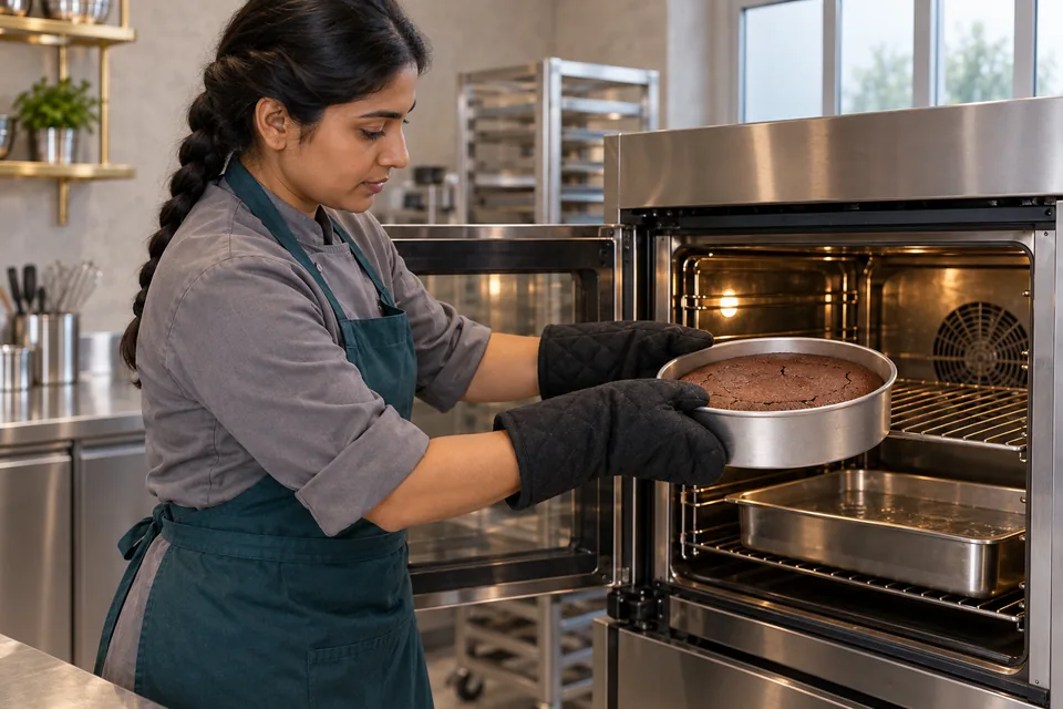 Chef removing cake from upper oven shelf above a separate water pan.