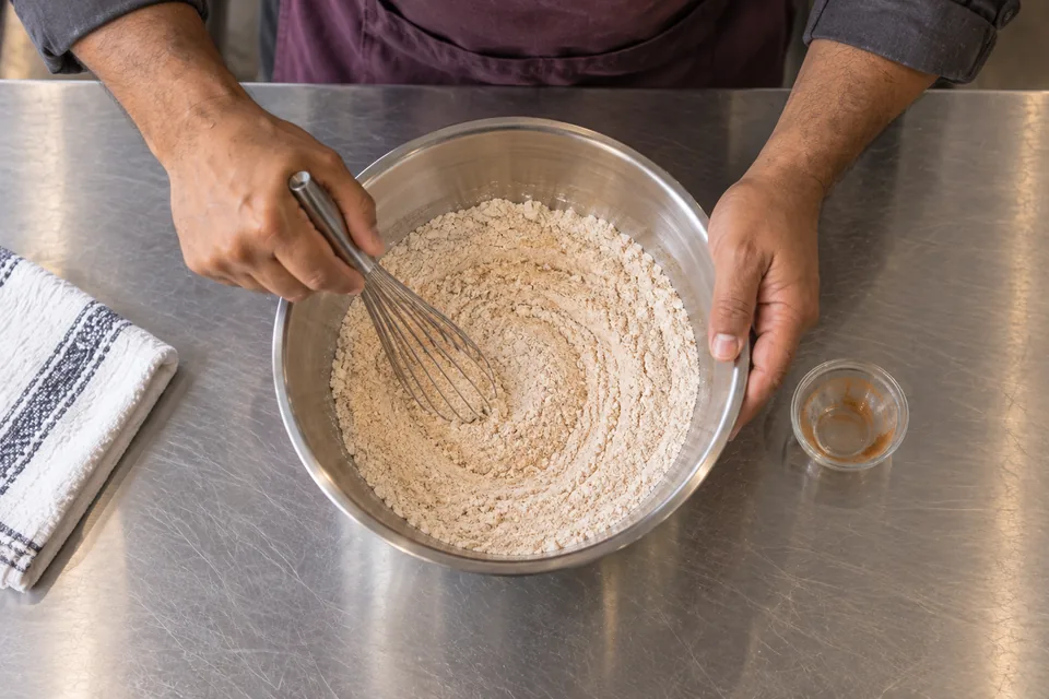Overhead whisk mixing the flour, cinnamon, baking soda and salt.