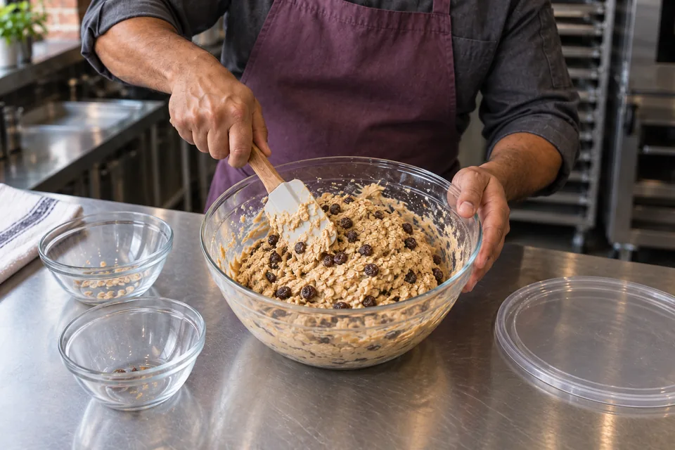Oats and raisins folded into firm cookie dough.