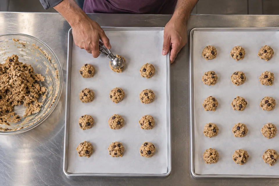 Overhead view of cookie dough mounds being portioned onto two lined trays.