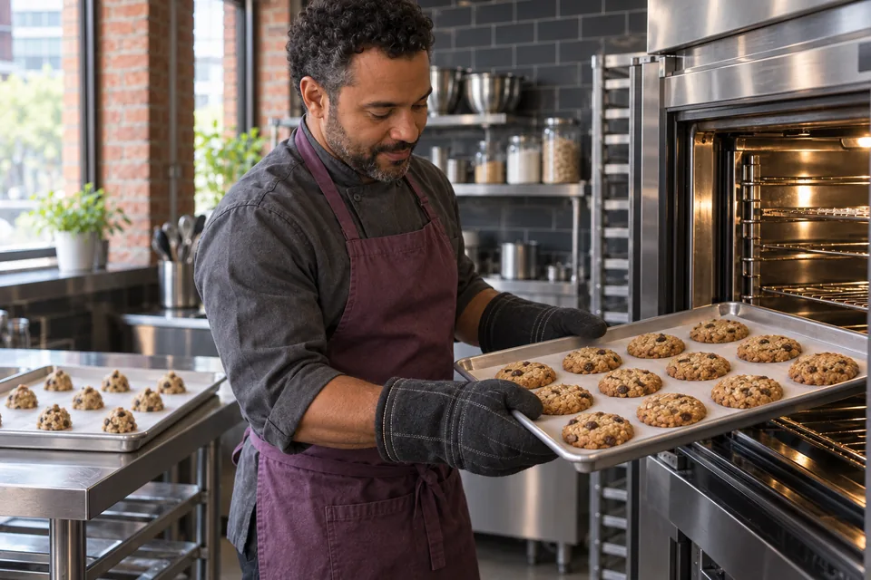 Chef using two oven mitts to remove a tray of golden oatmeal raisin cookies.