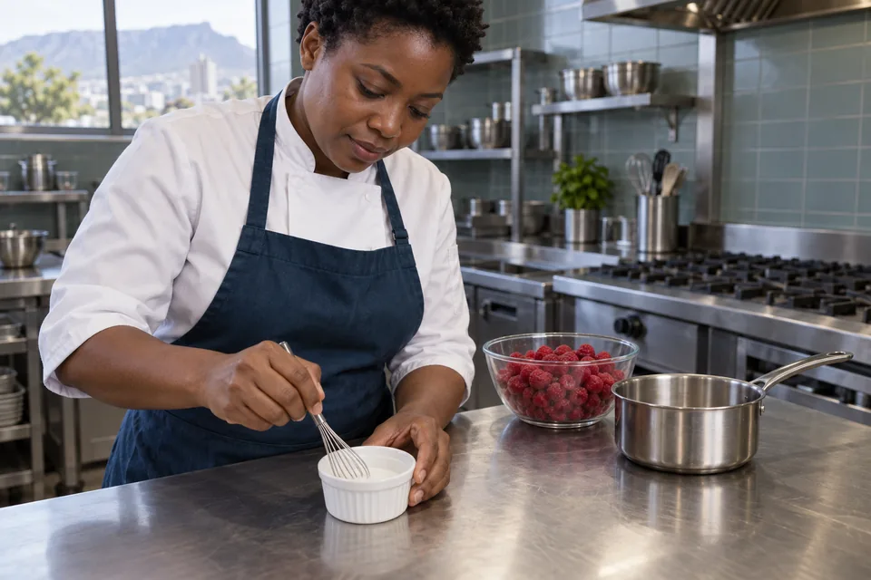 Chef stirring a small cornstarch slurry in a ramekin.
