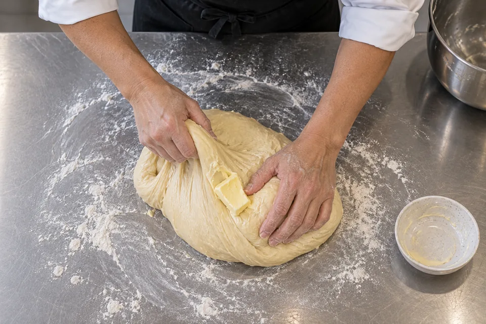 Hands kneading butter into elastic babka dough.