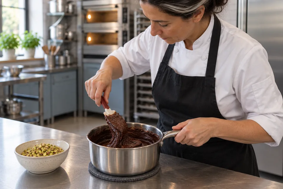 Chef stirring thick chocolate filling beside reserved pistachios.