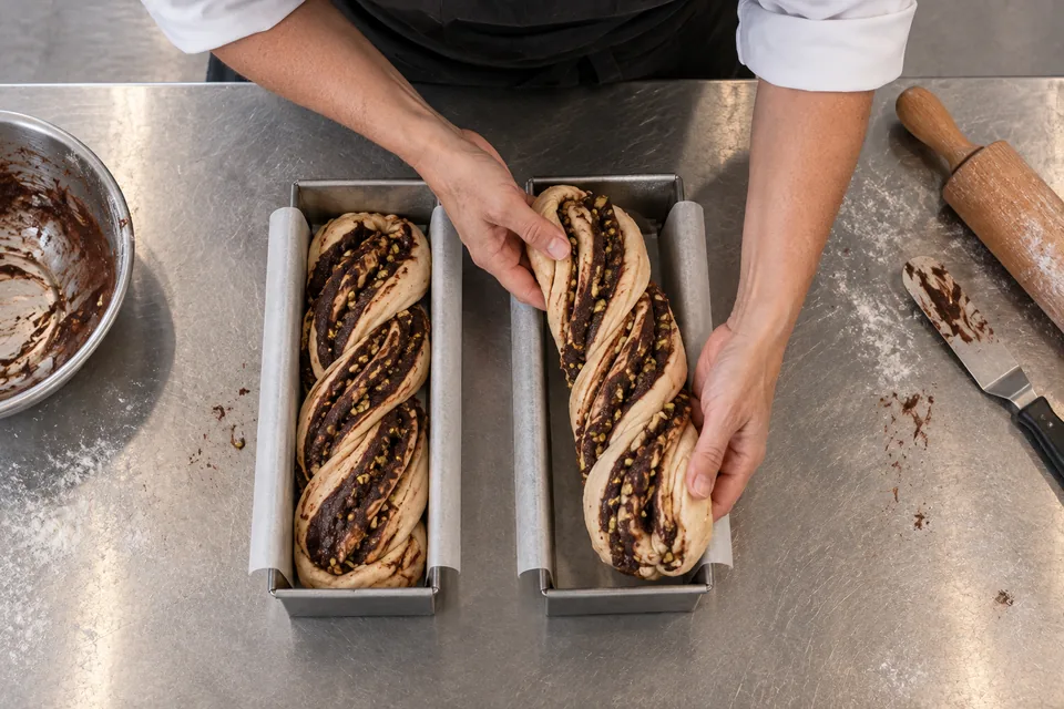 Overhead view of two chocolate dough twists in narrow loaf tins.