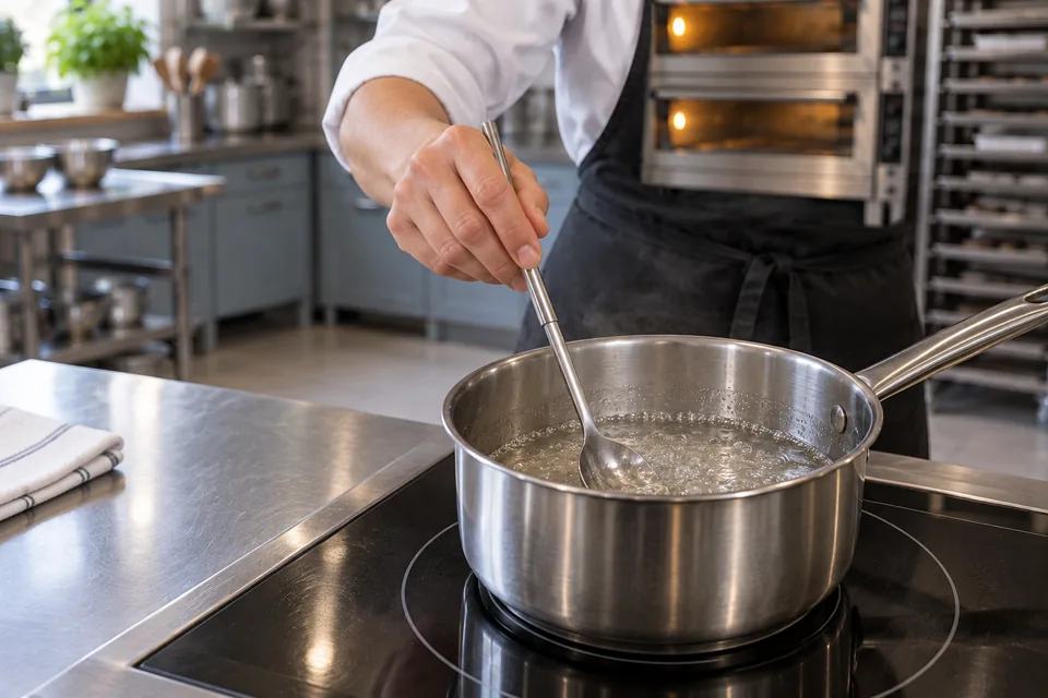 Chef stirring clear sugar syrup on an induction hob.
