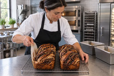 Two finished chocolate babka loaves cooling on a wire rack.