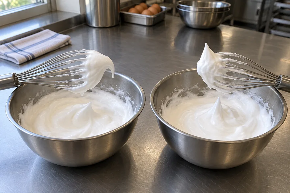 Left: a soft peak bends over. Right: a stiff peak holds its shape.