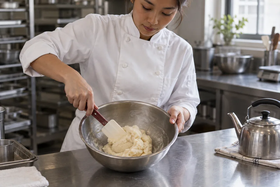 Scalded flour forms a firm paste; let it cool before adding it to dough.