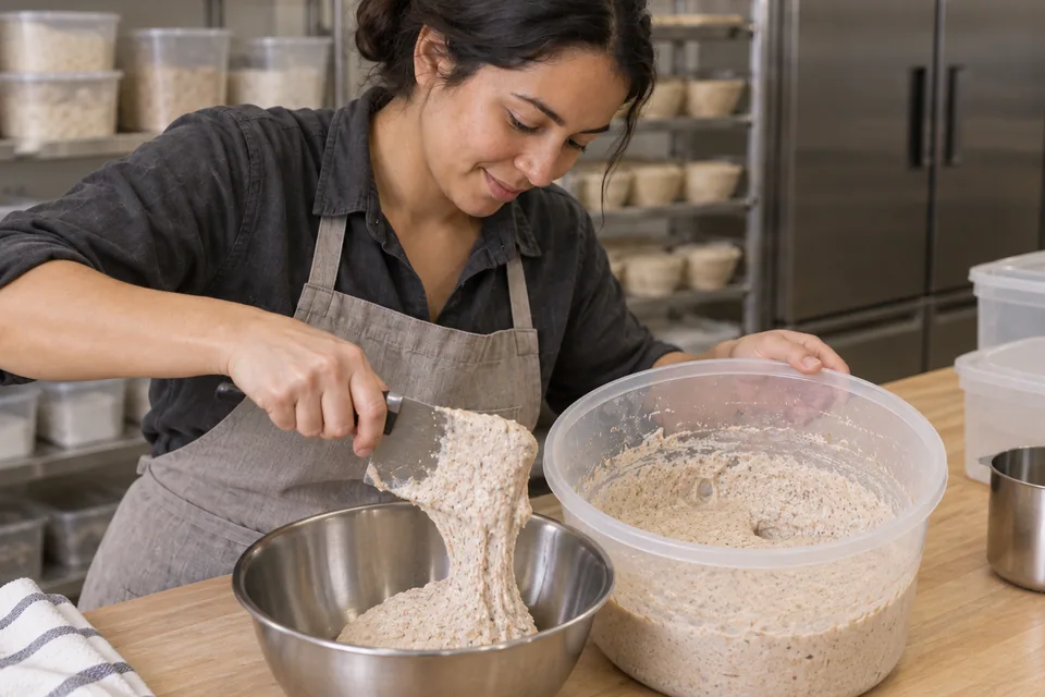 Weigh out the mature, bubbly levain needed for the dough.