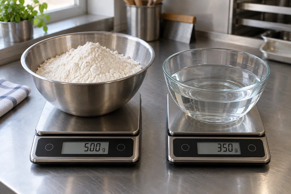 For a flour-and-water dough, 350 g water with 500 g flour gives 70% hydration.