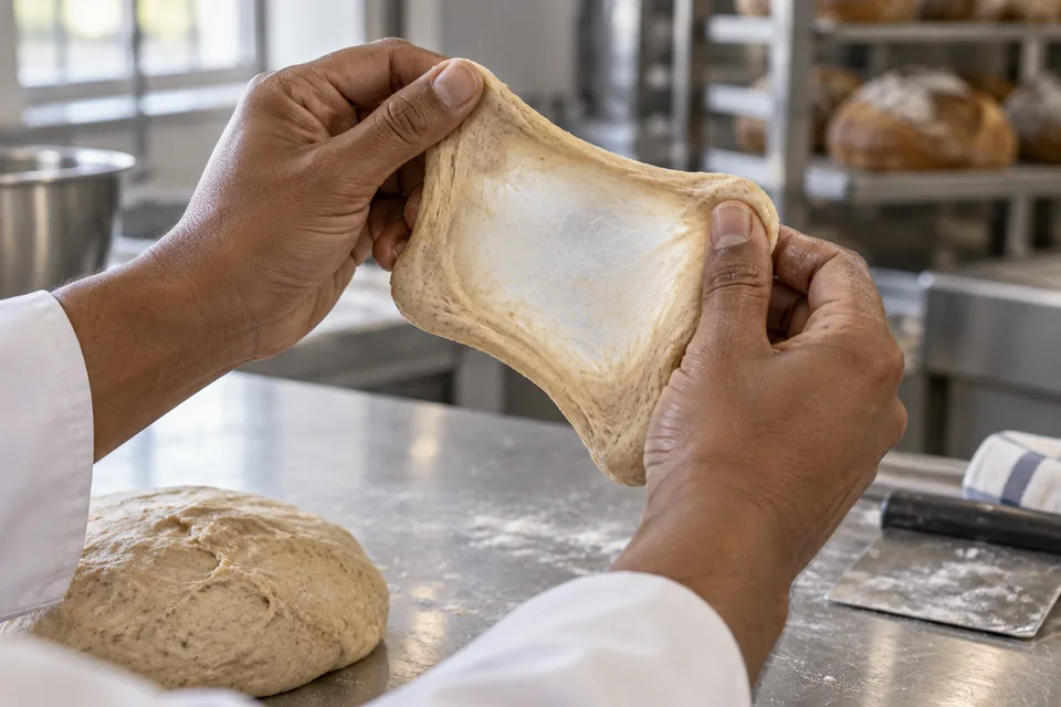 Developed dough can stretch into a thin, translucent membrane before tearing.