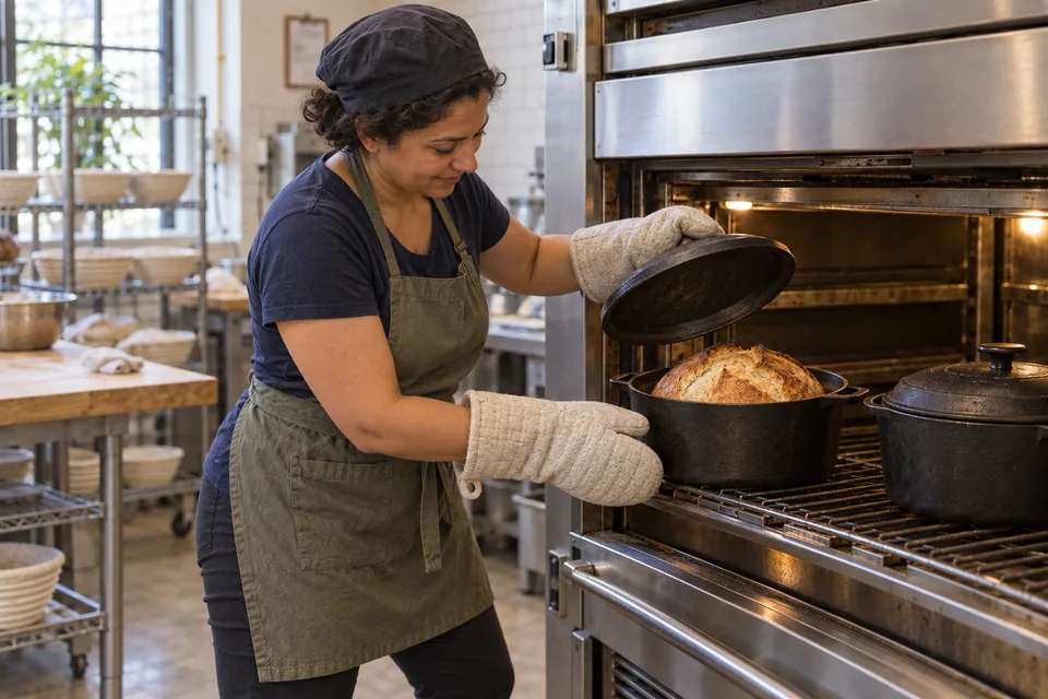 The expanded loaf and opened score show the result of its early growth in the oven.