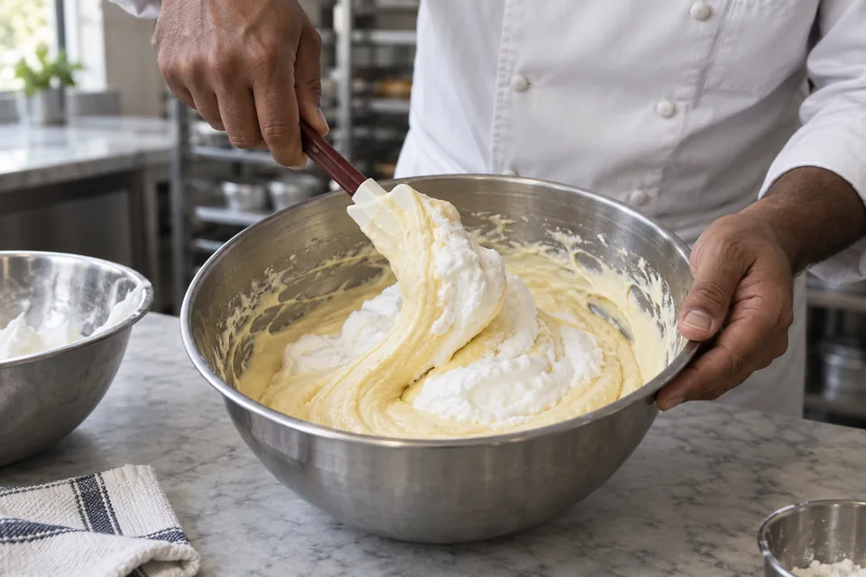 Lift batter over the egg whites with a spatula, turning gently to preserve air.