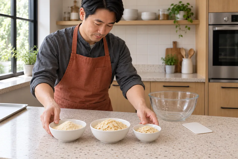 The cook prepares ground almonds and two separate bowls of flaked almonds.