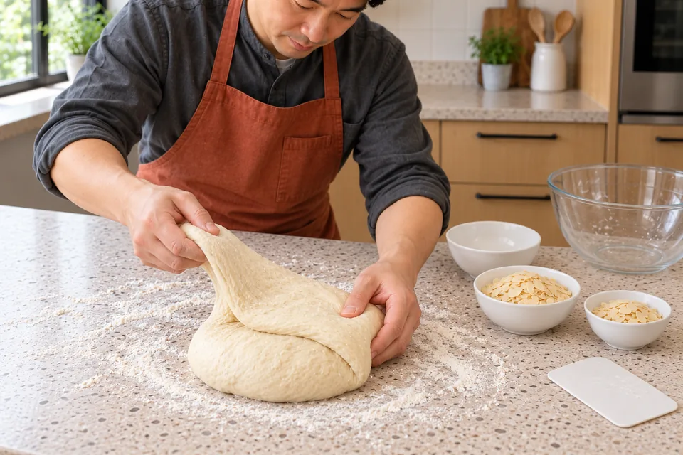 Hands stretch soft almond-enriched yeast dough before adding flaked almonds.