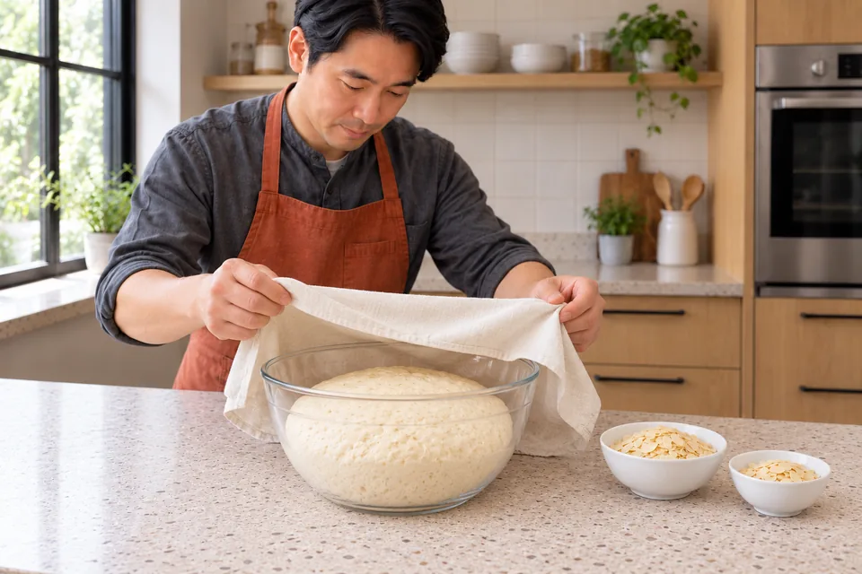 A bowl holds risen almond-enriched dough.