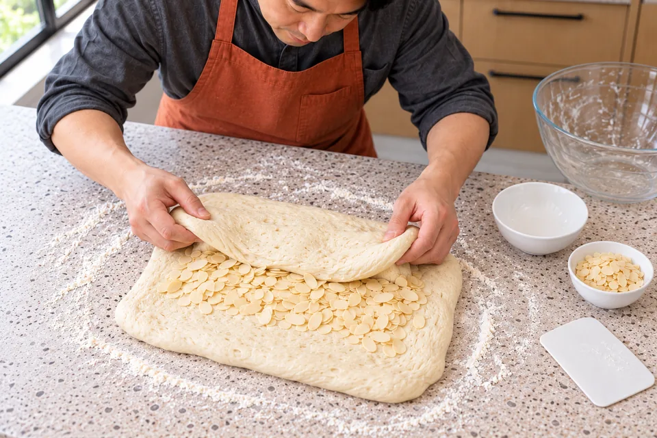 Hands fold flaked almonds through the dough while the topping portion stays separate.