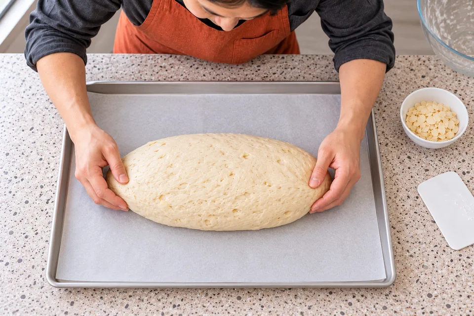 A single untopped almond oval rests on a lined tray.