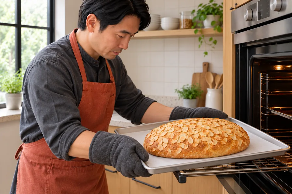 The cook supports a golden almond-topped loaf on its tray.