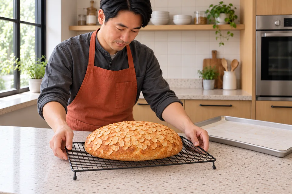 The whole almond loaf rests on a cooling rack.