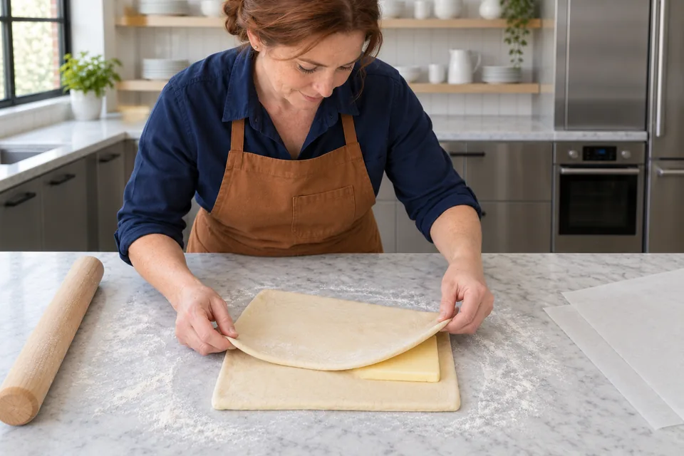 Hands folding the empty half of the dough over one butter square.