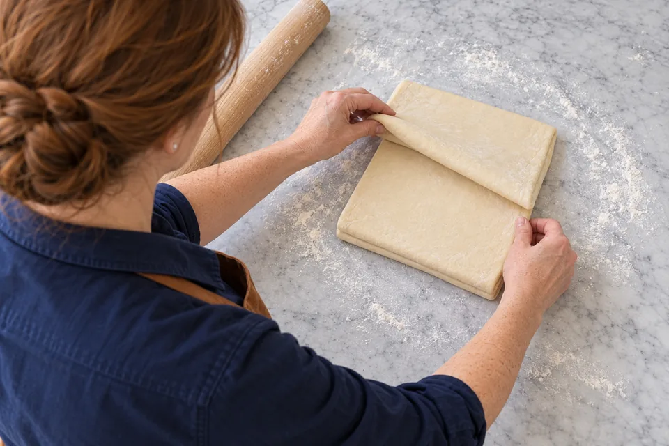 Hands completing a letter fold in one cool laminated dough sheet.