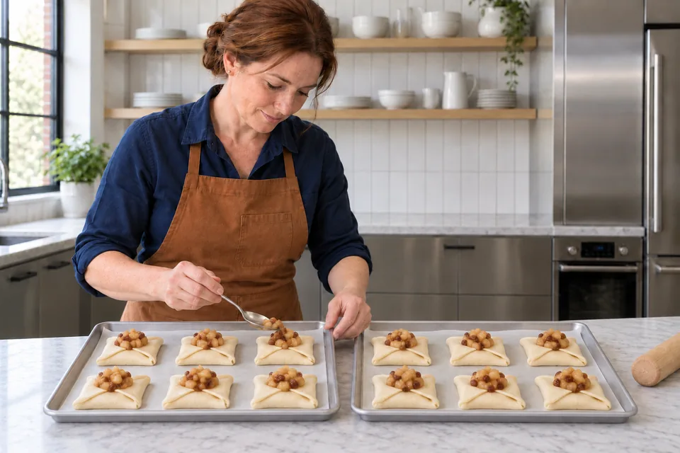 Twelve folded raw Danish pastries with apple-and-sultana centres on two trays.