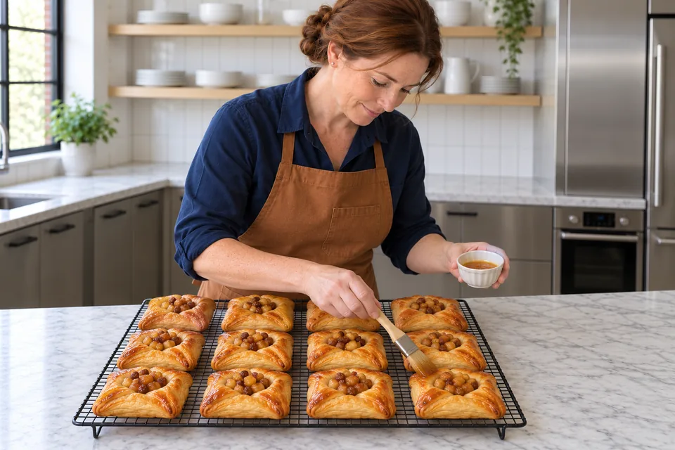 Cook brushing a light apricot glaze over the last of twelve baked pastries.