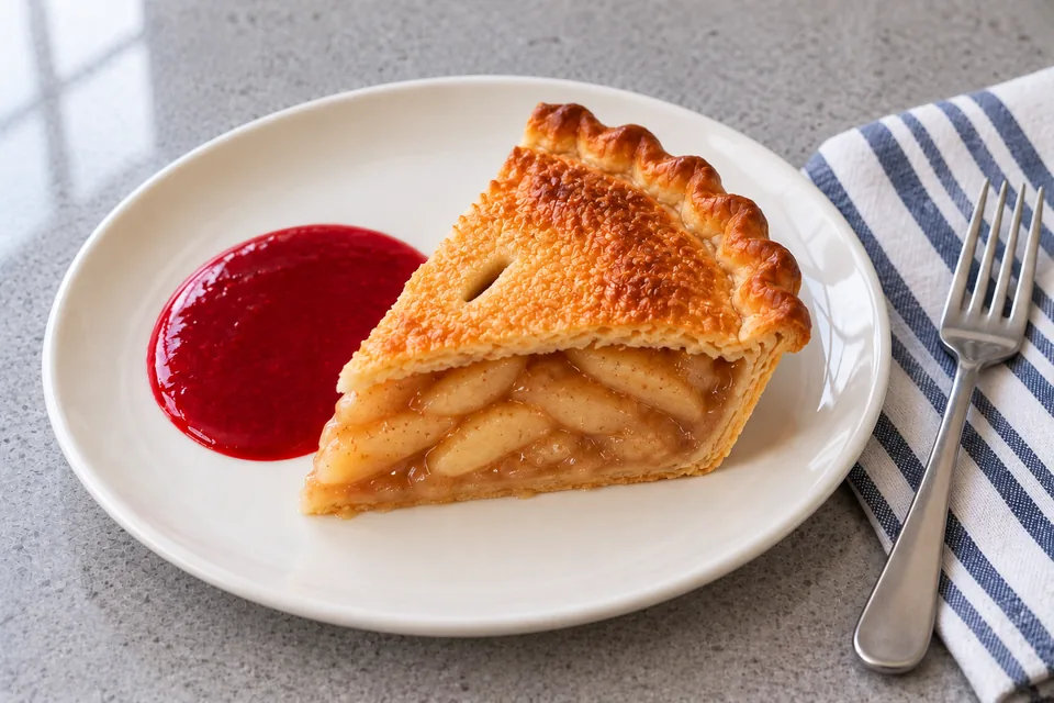 One slice of apple-and-pear pie sits beside a small pool of smooth raspberry sauce.