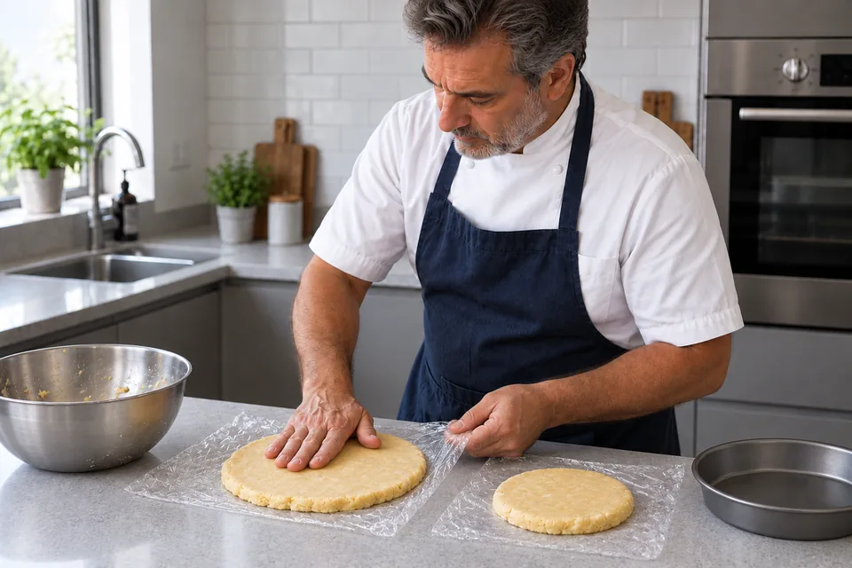 Two unequal butter-flake pastry discs are prepared for chilling.